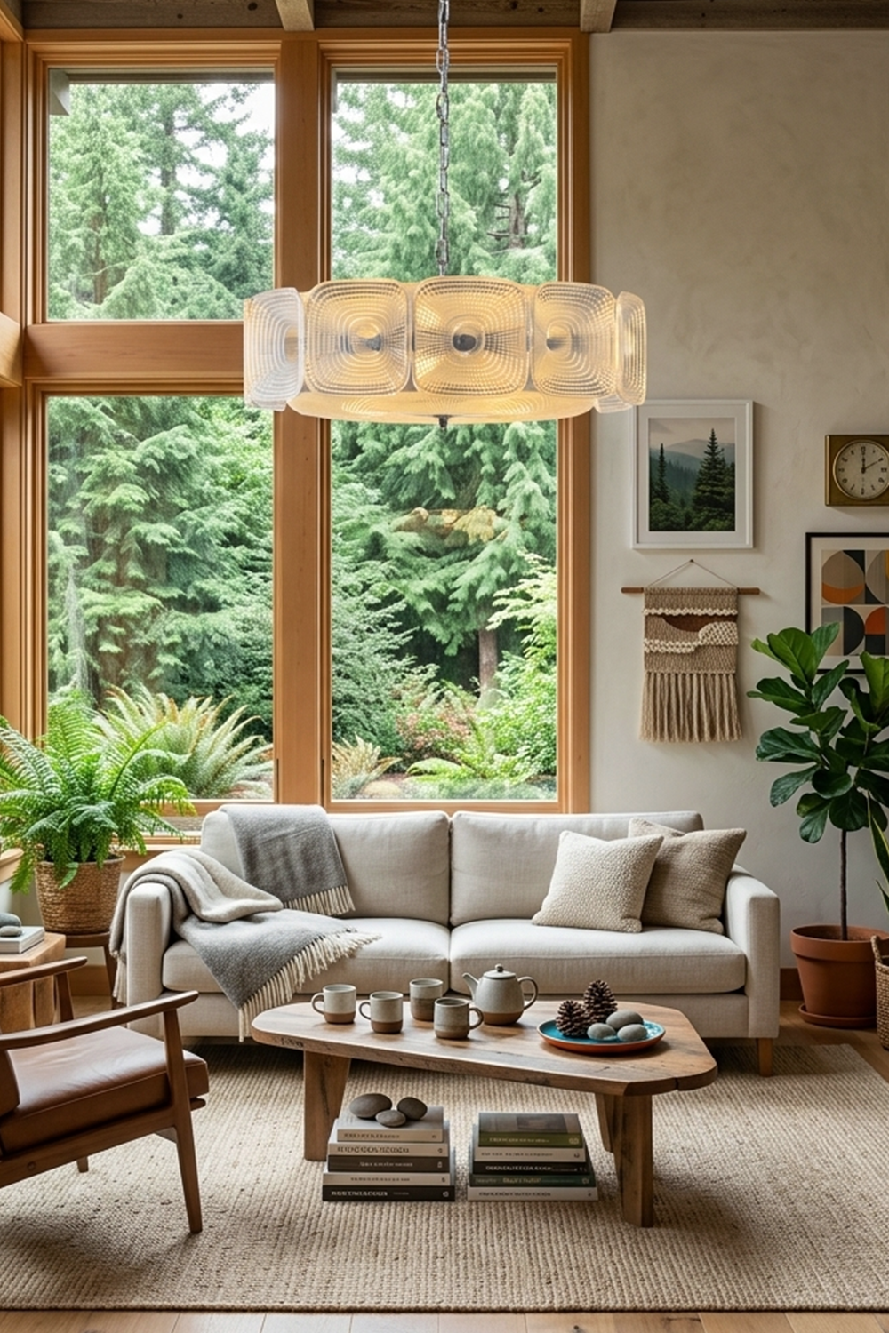 Lyra Geometric Glass Chandelier | Glass, Metal | Illuminating a rustic mid-century living space with large scenic windows overlooking lush green garden trees | vexa lamps