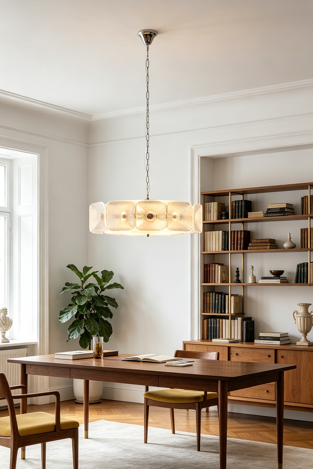Lyra Geometric Glass Chandelier | Glass, Metal | Hanging centered over a minimalist wooden dining table and chair set in a sunlit modern dining room next to a tall bookcase | vexa lamps