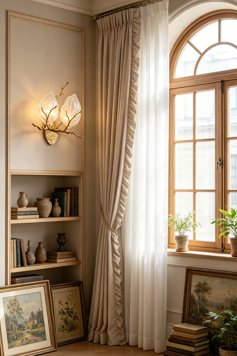 Magnolia Arbor Brass Wall Lamp | Brass, Glass | Positioned on a wall beside an arched window and a lower open display shelf with books and art | vexa lamps