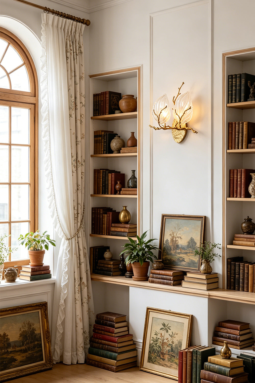 Magnolia Arbor Brass Wall Lamp | Brass, Glass | Providing warm ambient lighting in a cozy home library nook filled with books and art frames | vexa lamps