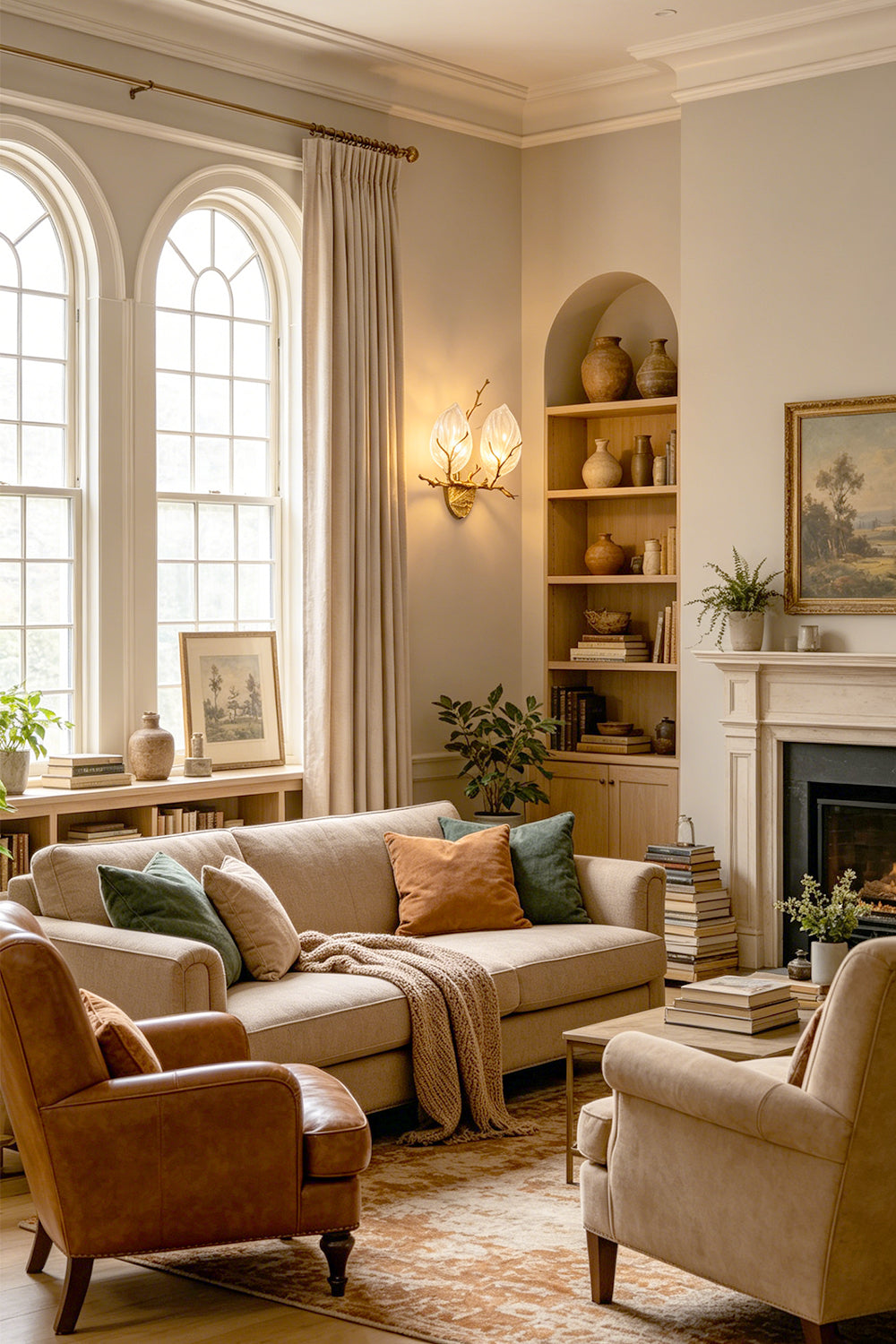 Magnolia Arbor Brass Wall Lamp | Brass, Glass | Featured as elegant accent lighting in a traditional living room with a beige sofa and leather armchair | vexa lamps