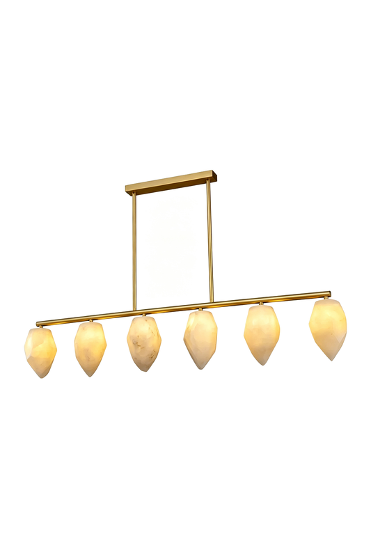 Manon Alabaster Drop Linear Chandelier | Natural Alabaster and Brass | Front full view on a pure white background, illuminated | vexa lamps
