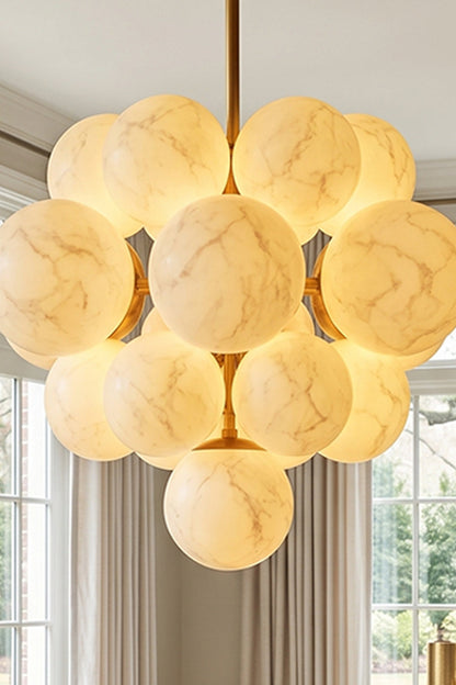 Marcella Alabaster Grape Cluster Chandelier with hand-carved alabaster spheres and warm glow.