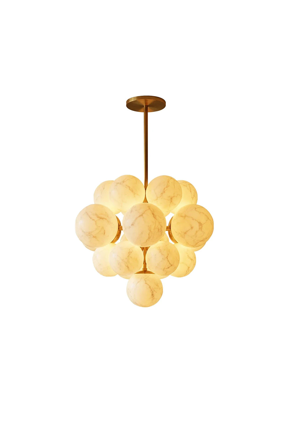 Marcella Alabaster Grape Cluster Chandelier featuring hand-carved alabaster spheres and a brushed gold downrod.