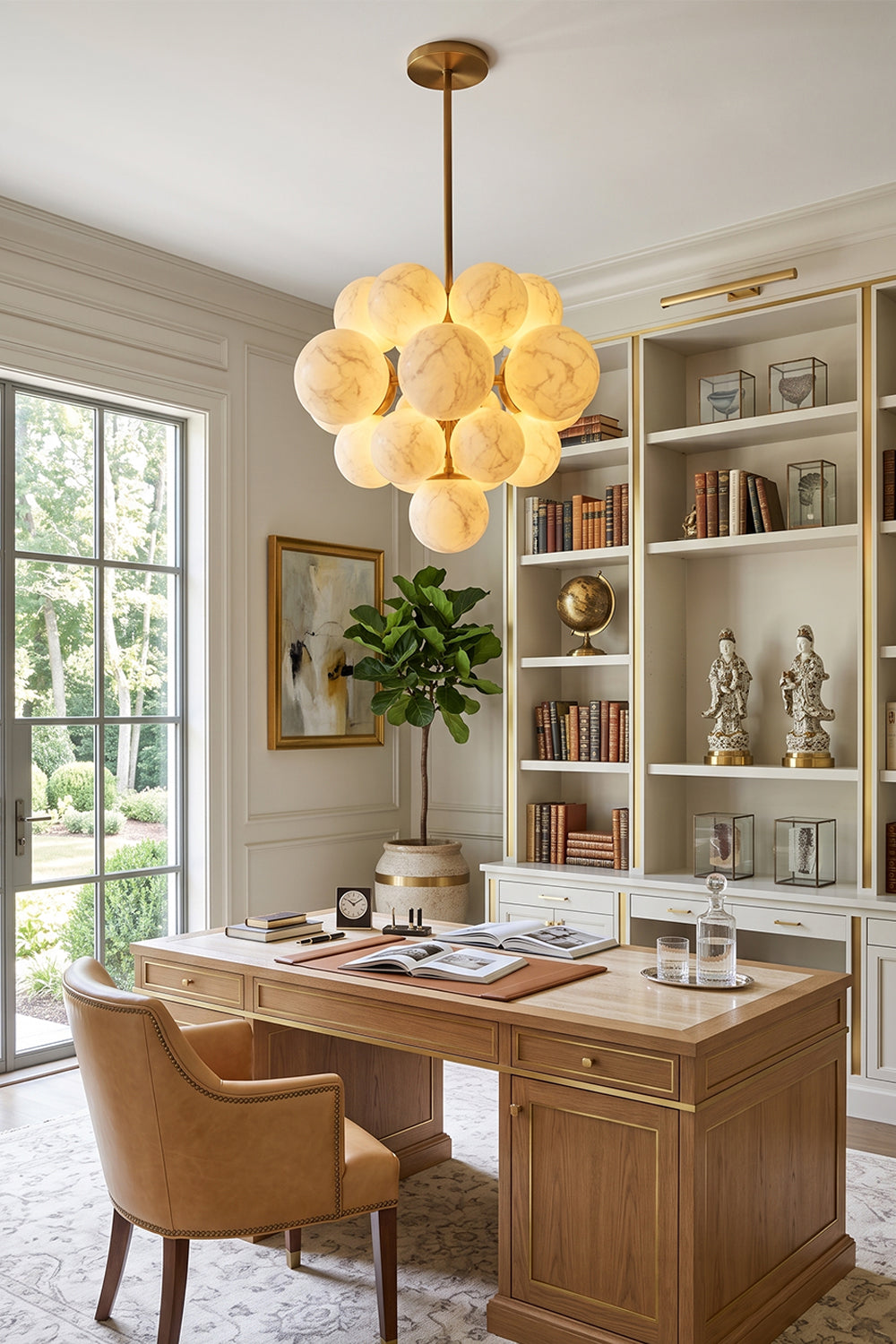Marcella Alabaster Grape Cluster Chandelier illuminating a modern office space with elegant decor.