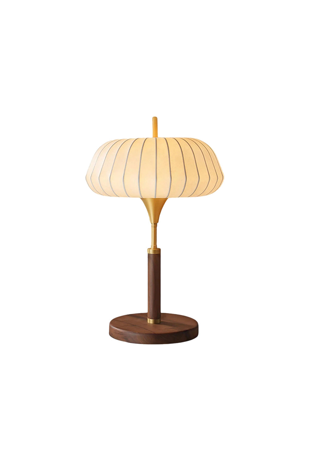 Maren Woven Silk Gourd Table Lamp | Woven Silk, Brass and Wood | Front full view on a pure white background, illuminated | vexa lamps