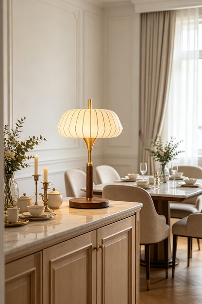 Maren Woven Silk Gourd Table Lamp | Woven Silk, Brass and Wood | Decorating a cabinet in an elegant dining room space | vexa lamps