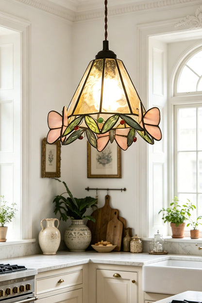 Mariposa Canopy Stained Glass Pendant Lamp | Glass, Metal | Providing a warm glow over a kitchen counter in a rustic farmhouse kitchen with an arched window | vexa lamps