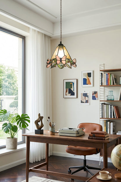 Mariposa Canopy Stained Glass Pendant Lamp | Glass, Metal | Installed in a cozy home office workspace above a wooden writing desk and leather chair | vexa lamps