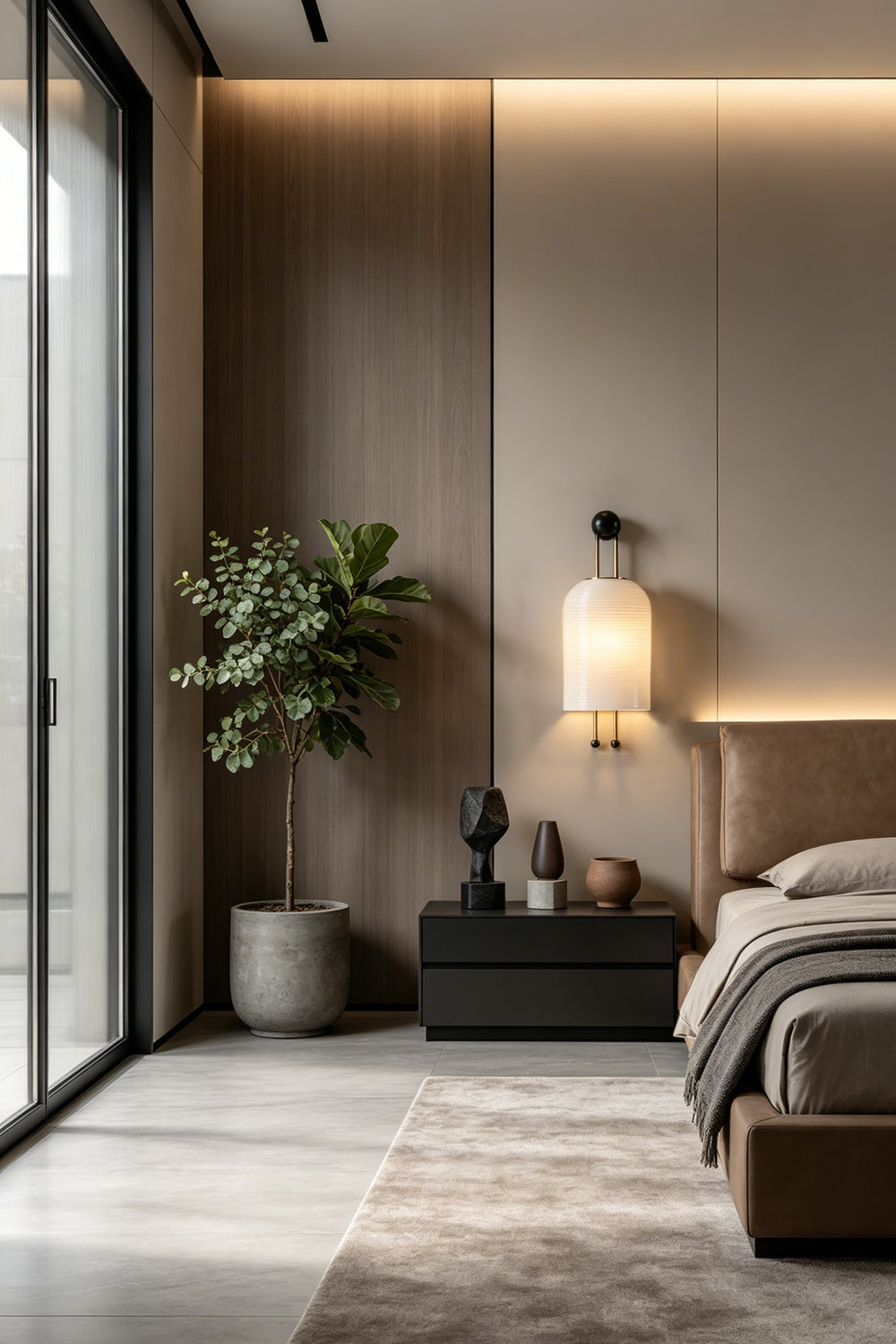 Marlow Linear Ribbed Glass Wall Lamp | Glass, Metal | Positioned as a stylish bedside reading lamp on a feature wall next to a platform bed and dark nightstand | vexa lamps