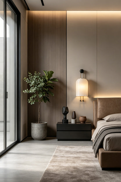 Marlow Linear Ribbed Glass Wall Lamp | Glass, Metal | Positioned as a stylish bedside reading lamp on a feature wall next to a platform bed and dark nightstand | vexa lamps