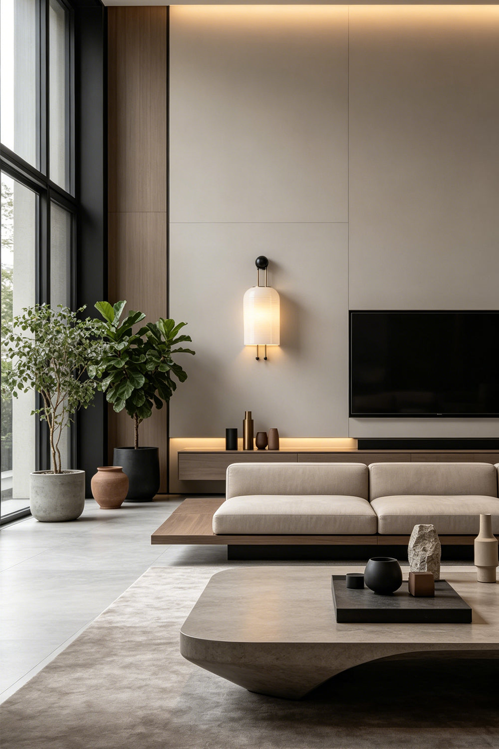 Marlow Linear Ribbed Glass Wall Lamp | Glass, Metal | Mounted as modern accent lighting on a large neutral feature wall in a minimalist living room with a low cream sofa | vexa lamps