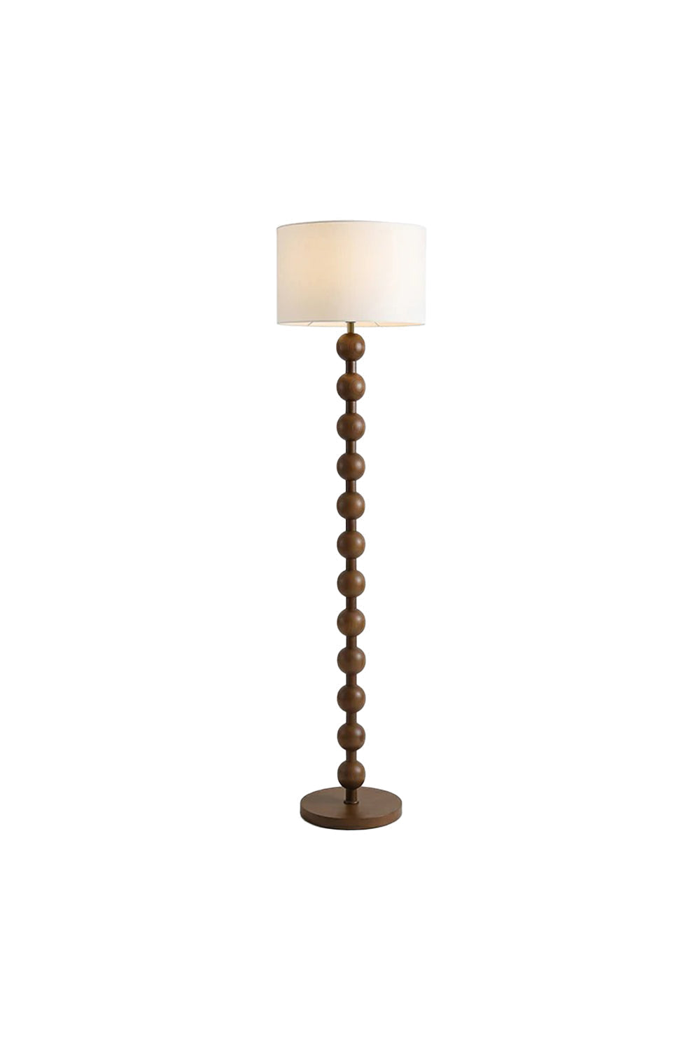 Marlow Stacked Wood Floor Lamp | Wood, Fabric | Isolated view of a traditional standing floor lamp featuring a dark walnut stacked spherical bobbin wood base and a classic white drum shade | White background | vexa lamps