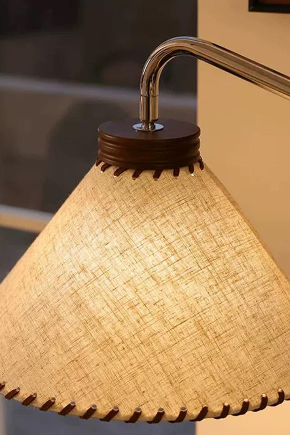 Marlowe Angled Linen Reading Floor Lamp | Linen, Wood, and Chrome Metal | Detailed macro view of the warm glowing woven linen fabric shade highlighting its scalloped bottom edge | vexa lamps