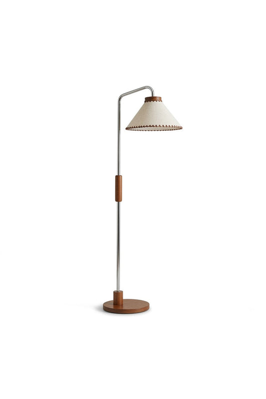 Marlowe Angled Linen Reading Floor Lamp | Linen, Wood, and Chrome Metal | Full studio view isolated on a white background showing its curved neck and round wooden base | vexa lamps