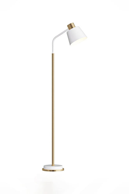 Marlowe Gooseneck Reading Floor Lamp | Matte White and Gold | Full length studio product view of the white version on a clean white background | vexa lamps
