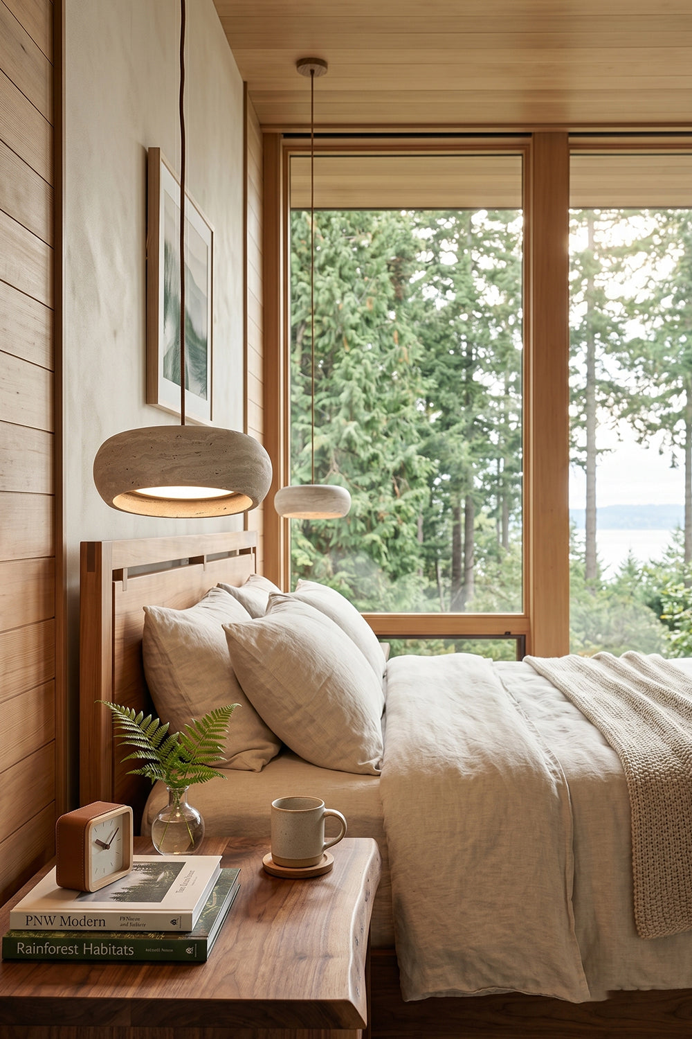 Maro Travertine Donut Pendant Light | Travertine, Metal | Positioned elegantly over a bed with cream bedding layers in a contemporary bedroom featuring natural wood window frames | vexa lamps