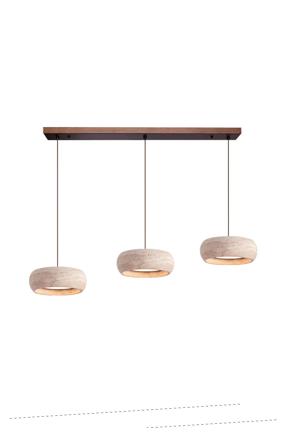 Maro Travertine Donut Pendant Light | Travertine, Metal, Wood | Studio view of the multi-light variant featuring three travertine donut shades suspended from a long dark wood rectangular canopy track | vexa lamps