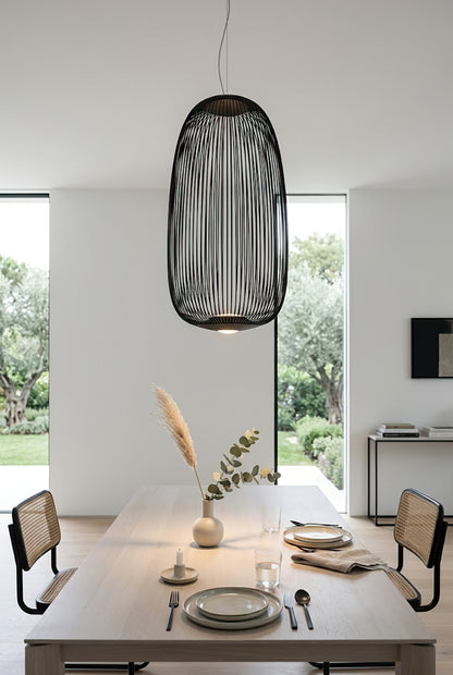 Black wire cage pendant over long dining table | Aluminum | Spacious interior scene with modern chairs | vexa lamps