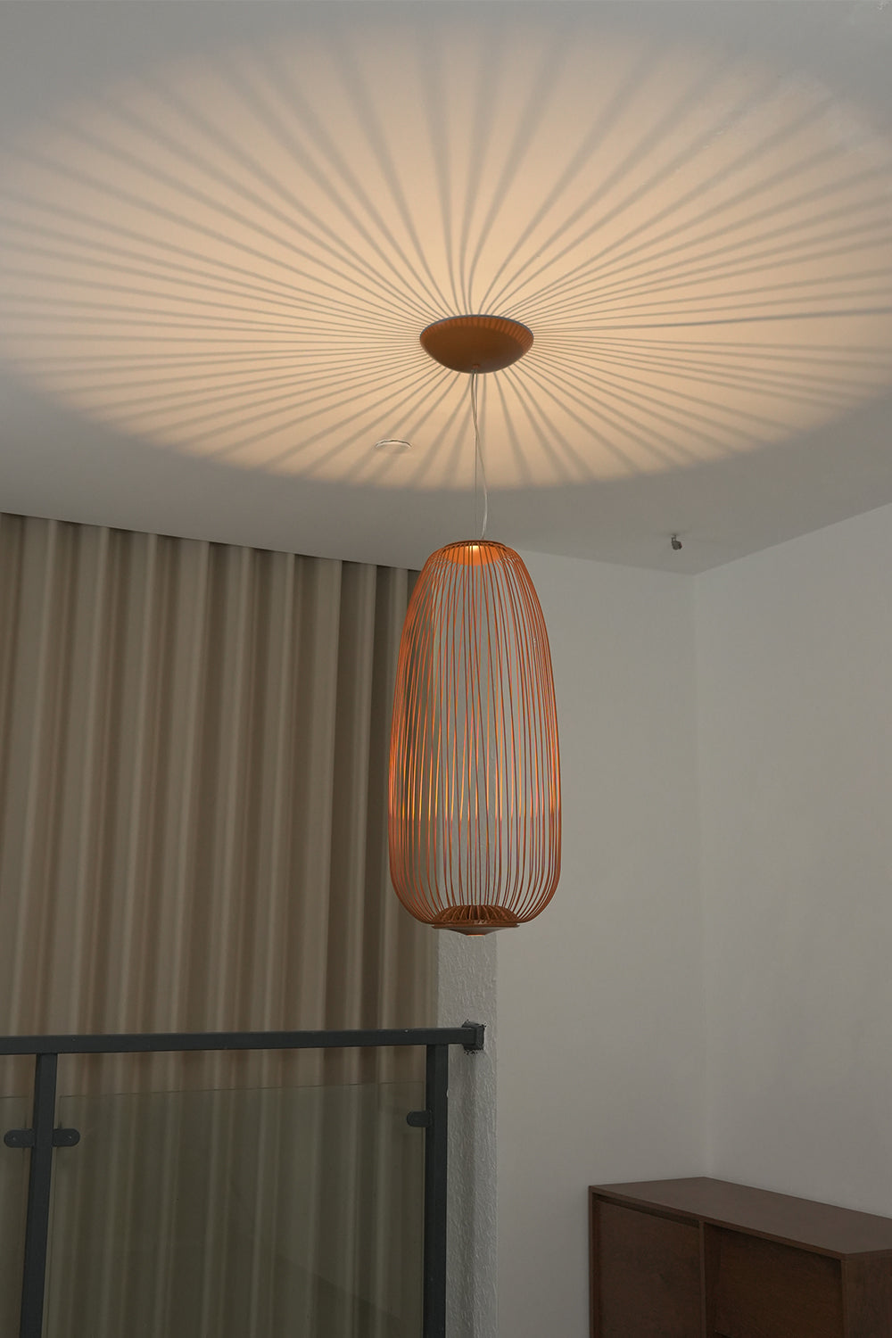 Lit copper wire cage lamp casting radial shadows | Aluminum | Detailed ceiling view showing light patterns | vexa lamps