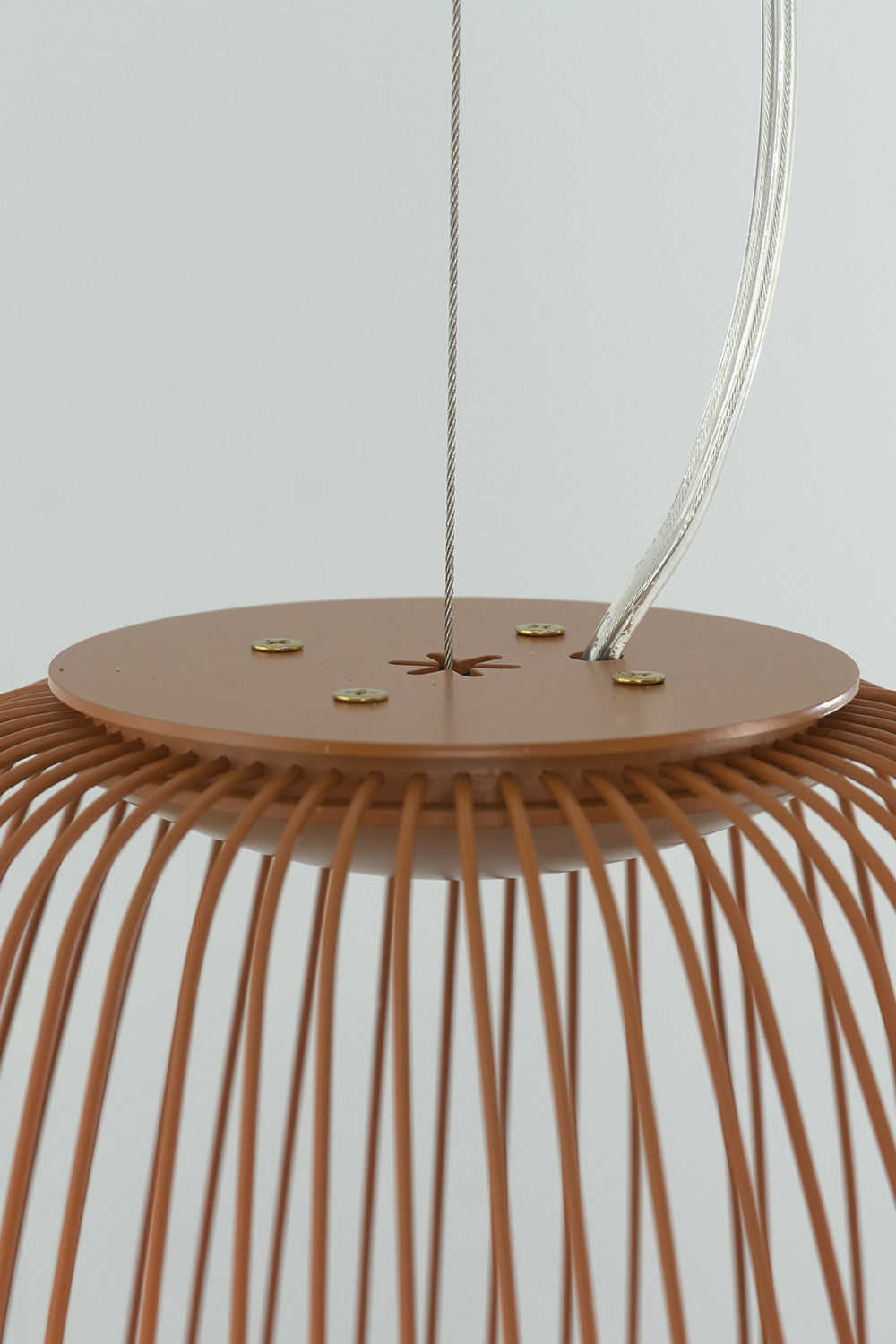 Top mounting plate of wire cage pendant light | Aluminum | Close-up showing the connection and hanging wire | vexa lamps