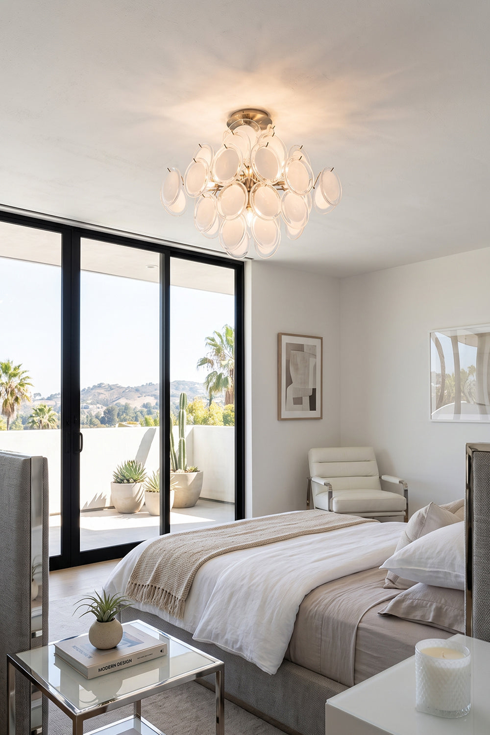 Mirella Circular Glass Pane Ceiling Light | Bedroom Ceiling Fixture | Mounted elegantly in a contemporary minimalist bedroom casting a soft warm ambient glow above a platform bed | vexa lamps