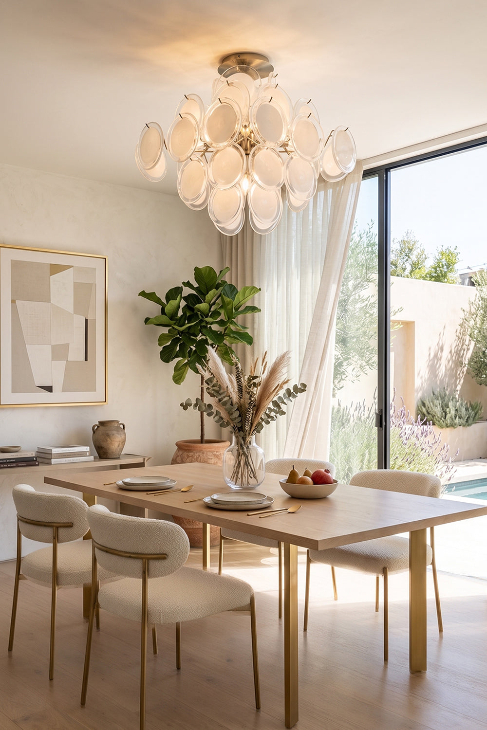 Mirella Circular Glass Pane Ceiling Light | Dining Room Decor | Positioned gracefully as a main ceiling light in a bright classical dining space over a long wooden table and chairs | vexa lamps