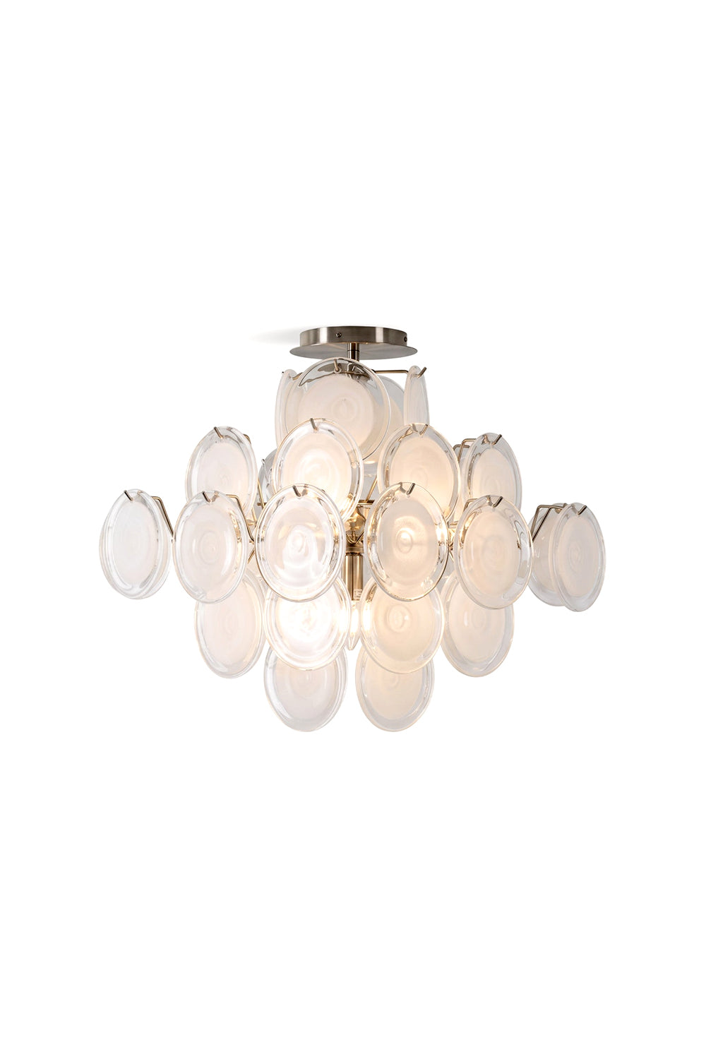 Mirella Circular Glass Pane Ceiling Light | Glass, Metal | Isolated lit product view of a modern semi-flush mount ceiling lamp featuring an intricate cluster of overlapping round white frosted glass pane discs on a silver frame | White background | vexa lamps