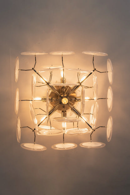 Mirella Circular Glass Pane Ceiling Light | Bottom-Up View | Direct bottom-up look at the fully illuminated ceiling lamp showcasing its radial symmetry and glowing multi-disc structure | vexa lamps