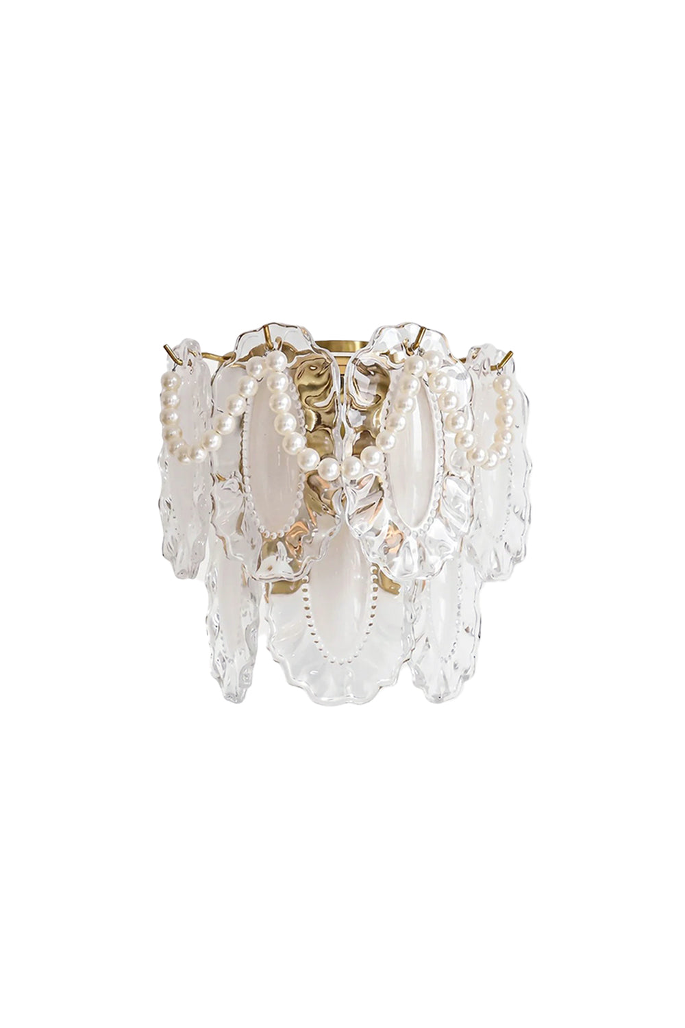 Mirella Pearl and Glass Wall Lamp showcasing elegant ruffled glass and pearl accents on a gold framework.
