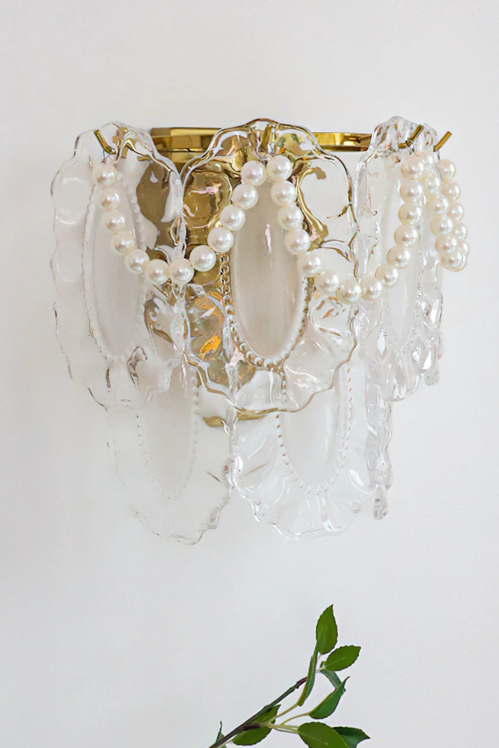 Mirella Pearl and Glass Wall Lamp with frosted glass panels and pearl embellishments, showcasing luxury lighting.