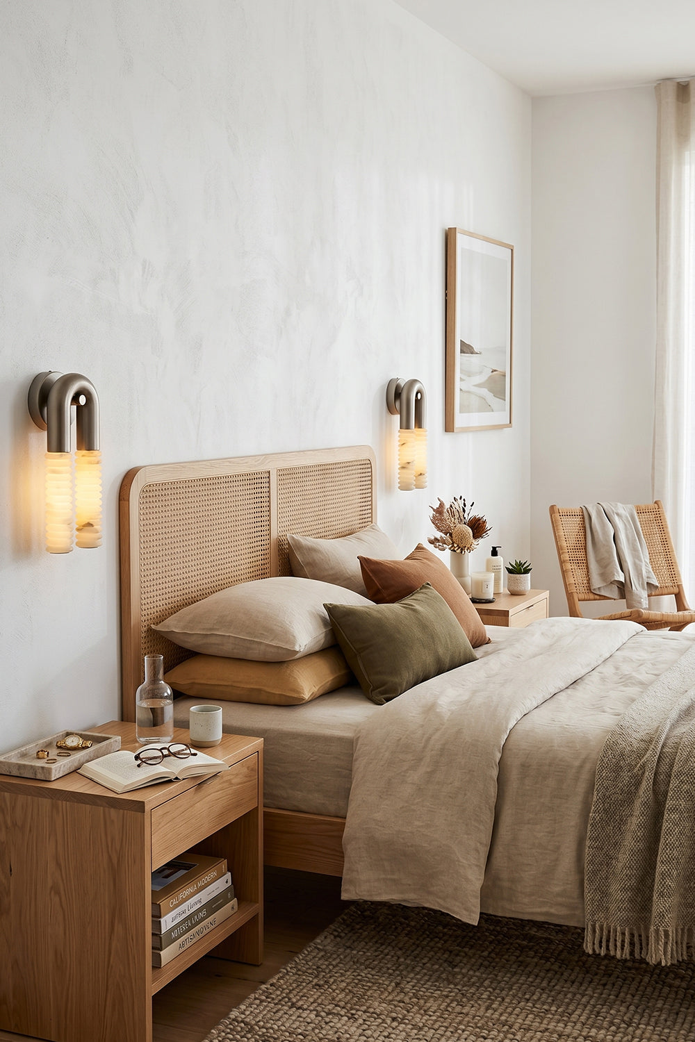 Monolith Arc Alabaster Wall Lamp | Alabaster, Metal | Symmetrically placed as bedside lamps in a serene, neutral-toned bedroom | vexa lamps