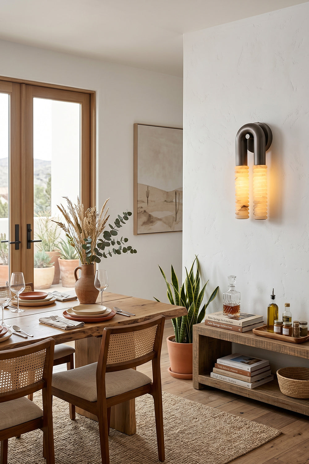 Monolith Arc Alabaster Wall Lamp | Alabaster, Metal | Providing warm accent lighting in a Mediterranean-style dining room with a wooden table | vexa lamps