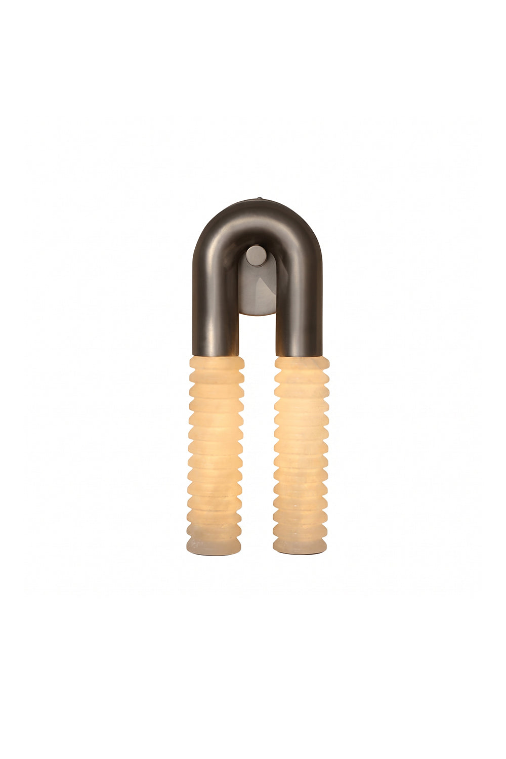 Monolith Arc Alabaster Wall Lamp | Alabaster, Metal | U-shaped brushed metal frame with dual ribbed glowing alabaster cylinders | Isolated lit product shot on white background | vexa lamps