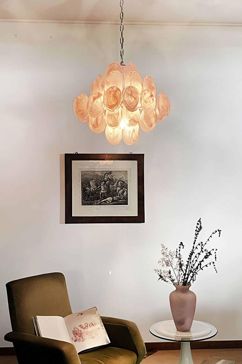 Vintage Art Pink Glass Disks Chandelier - view 2 | everlamps