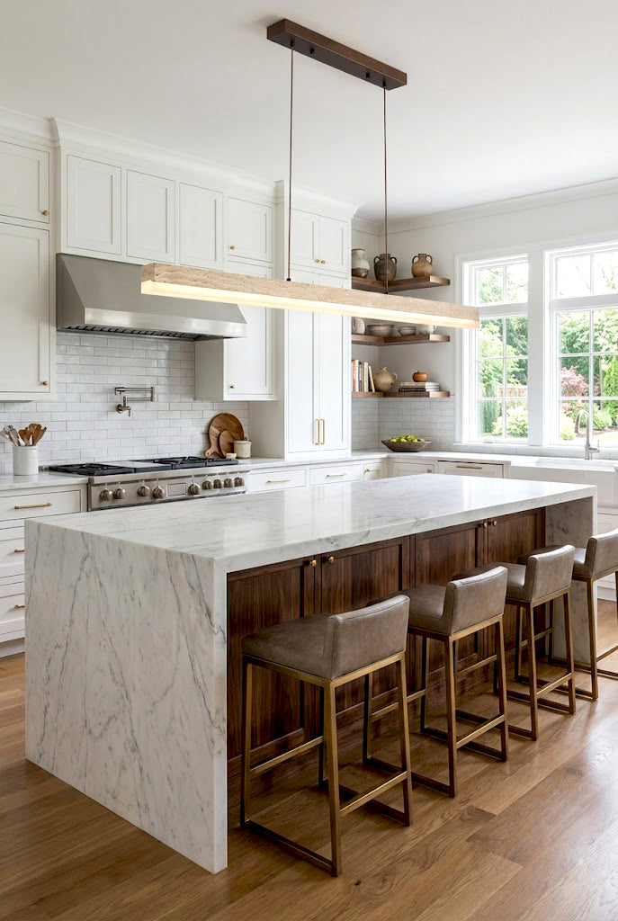 Modern travertine linear pendant over a marble island | Travertine, Wood, Acrylic | Kitchen interior with wooden bar stools | vexa lamps