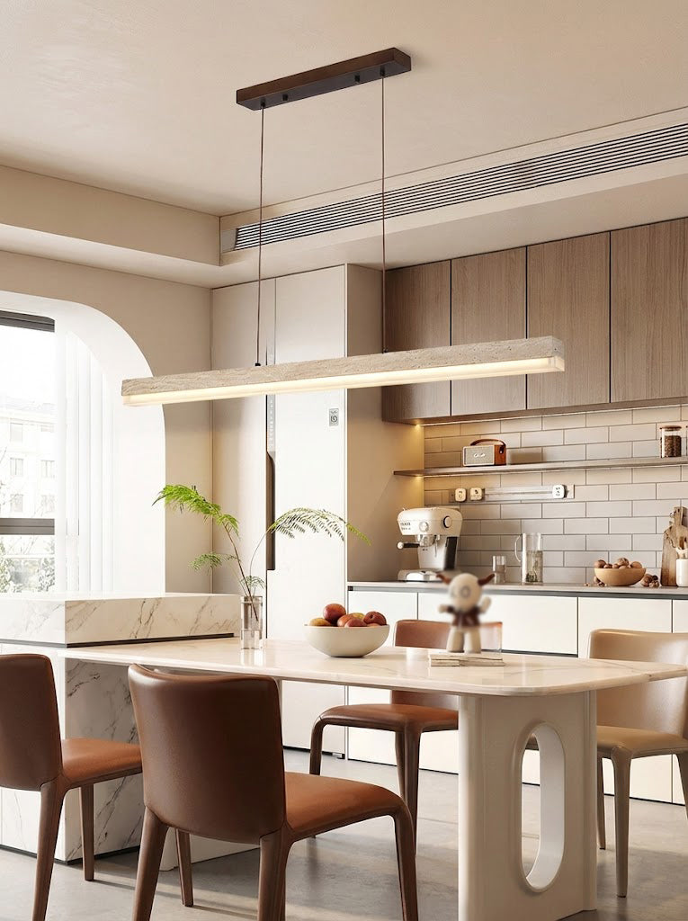 Travertine and wood linear pendant light | Travertine, Wood, Acrylic | Modern open-plan dining area with light wood furniture | vexa lamps
