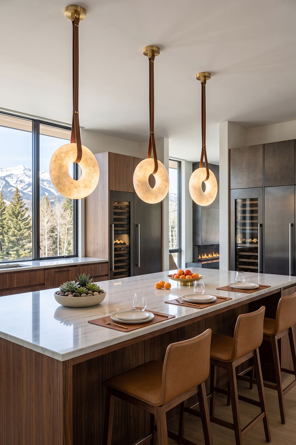 Nerissa Alabaster Ring Leather Pendant Light | Natural Alabaster, Leather and Brass | Trio of ring pendant lights suspended over a kitchen island counter | vexa lamps