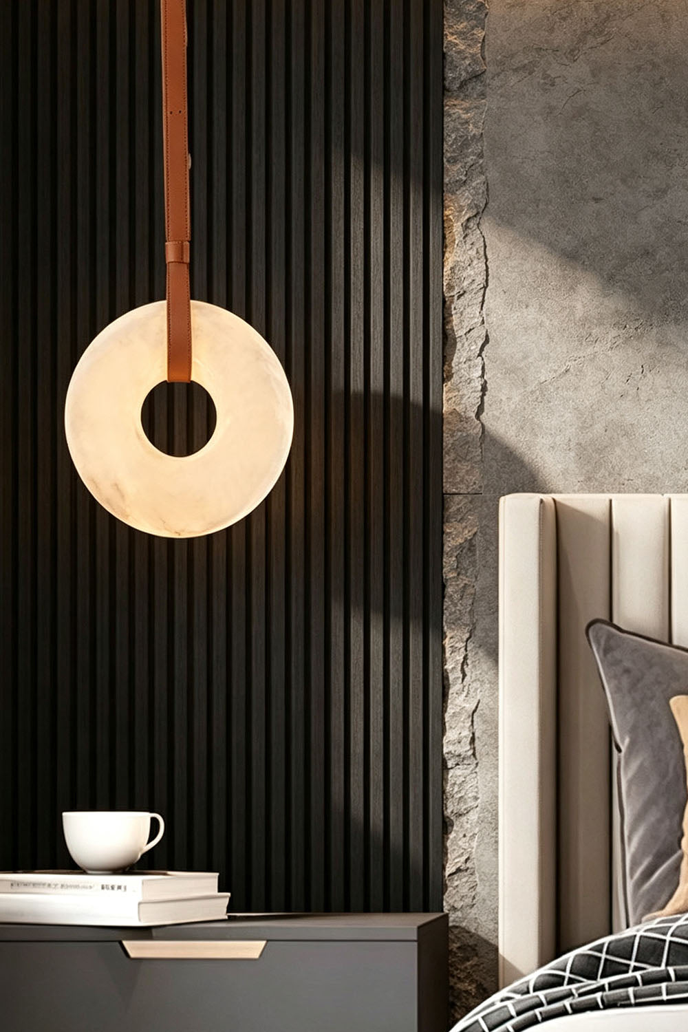 Nerissa Alabaster Ring Leather Pendant Light | Natural Alabaster, Leather and Brass | Hanging beside a bed against fluted dark wall paneling | vexa lamps