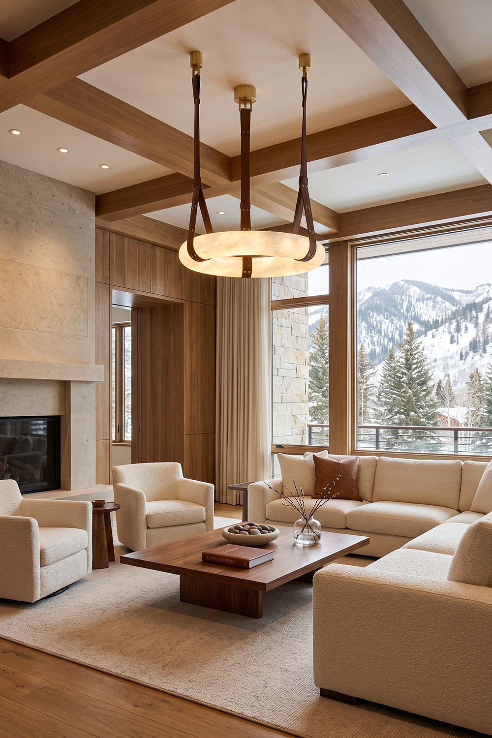 Nerissa Alabaster Ring Leather Pendant Light | Natural Alabaster, Leather and Brass | Centered in a spacious living room with coffered ceiling and fireplace | vexa lamps