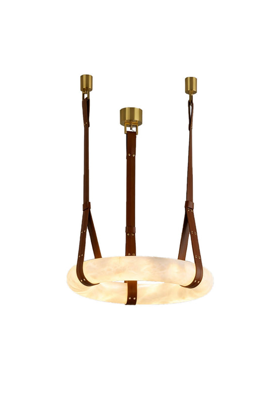 Nerissa Alabaster Ring Leather Pendant Light | Natural Alabaster, Leather and Brass | Front full view of 3-strap ring variant on a white background, illuminated | vexa lamps