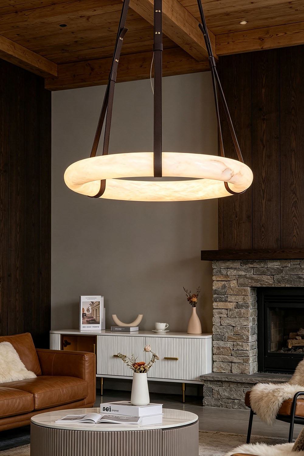 Nerissa Alabaster Ring Leather Pendant Light | Natural Alabaster, Leather and Brass | Large 3-strap ring variant in a rustic living room with dark ceiling | vexa lamps