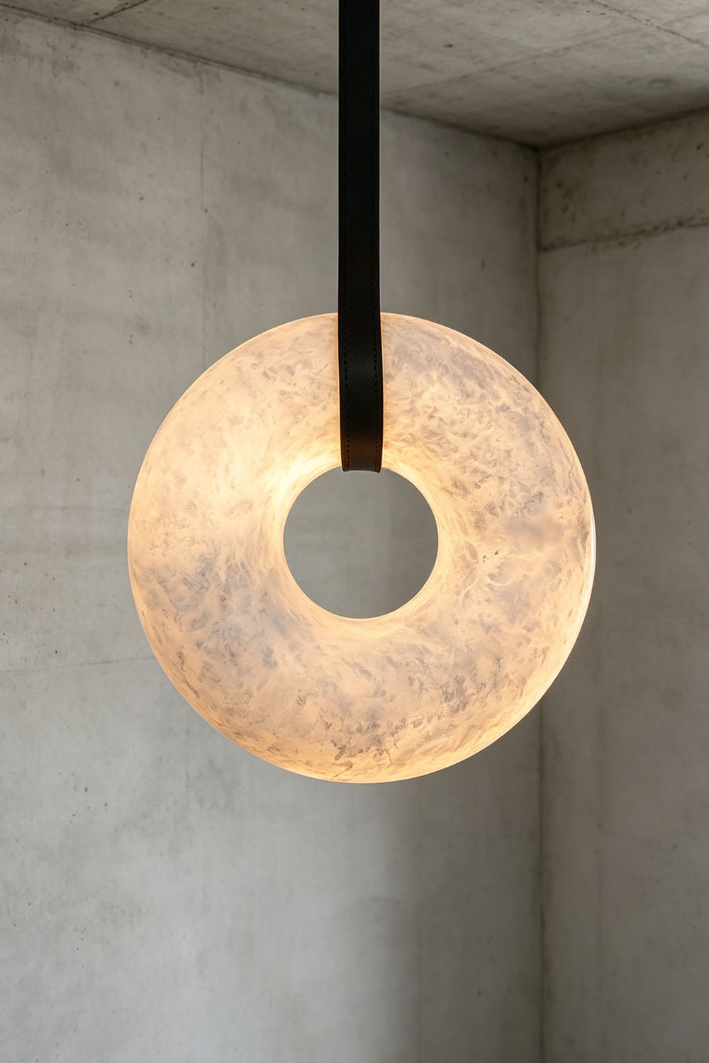 Nerissa Alabaster Ring Leather Pendant Light | Natural Alabaster, Leather and Brass | Studio view of single disc pendant displayed against a concrete wall | vexa lamps