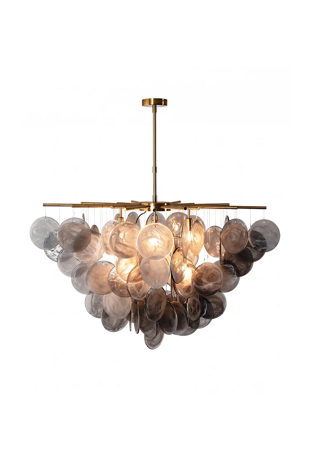 Nimbus Smoked Glass Disc Chandelier featuring cascading hand-blown glass discs and warm lighting.