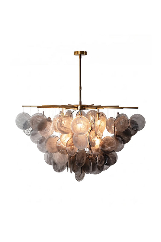 Nimbus Smoked Glass Disc Chandelier featuring cascading hand-blown glass discs and warm lighting.