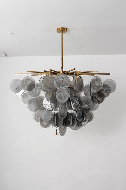 Nimbus Smoked Glass Disc Chandelier with cascading hand-blown glass discs in a sculptural design.