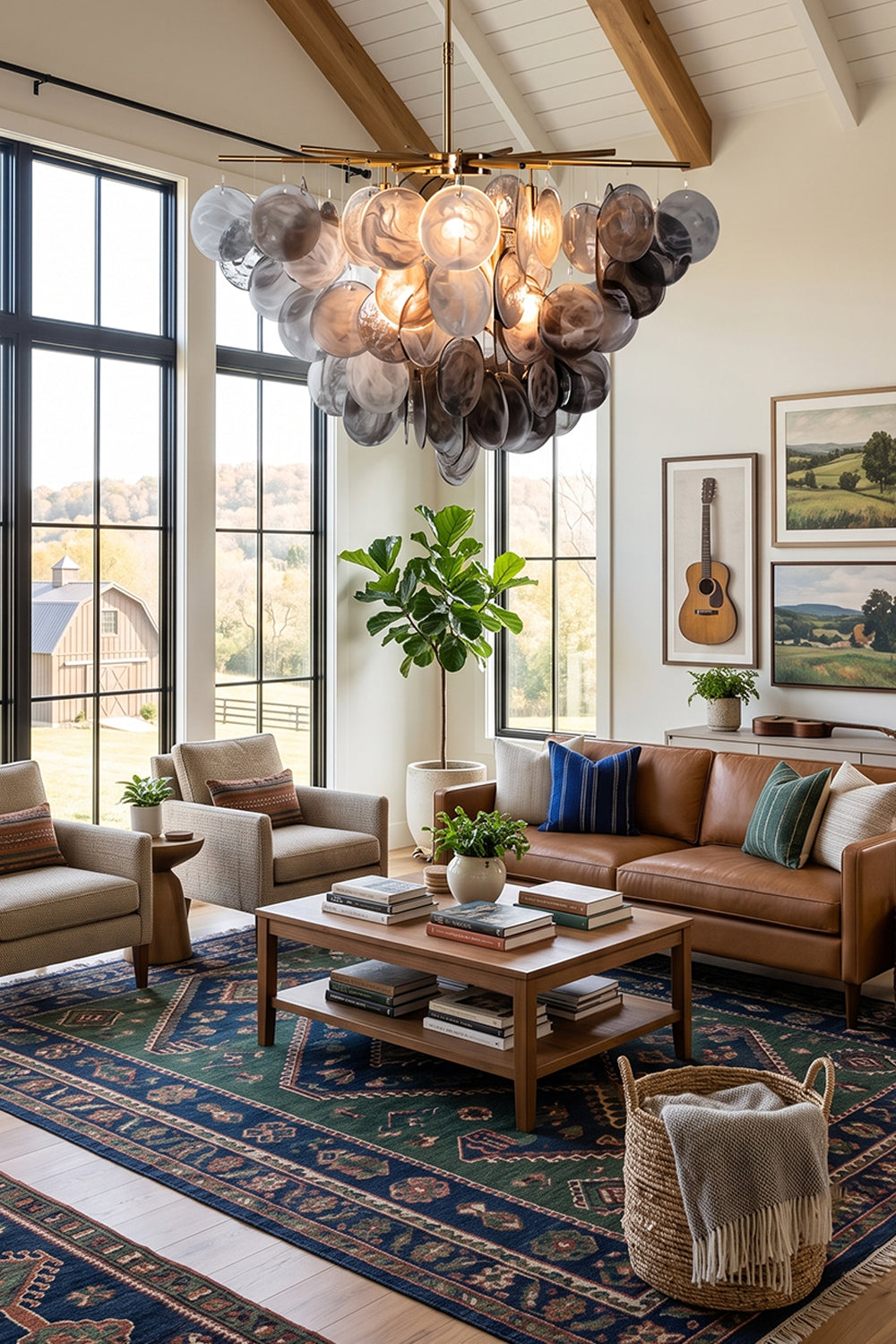 Nimbus Smoked Glass Disc Chandelier illuminating a modern living room with glass discs resembling a sculptural cloud.
