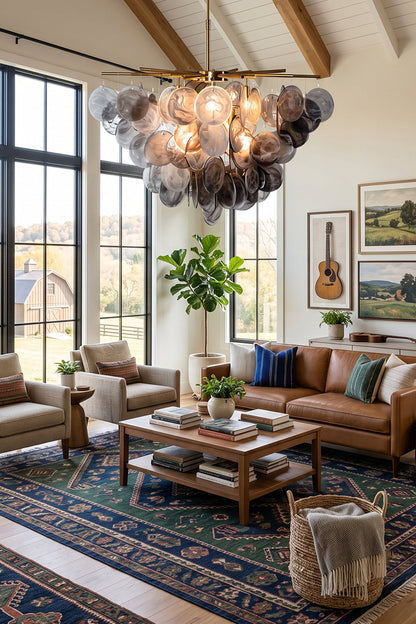 Nimbus Smoked Glass Disc Chandelier illuminating a modern living room with glass discs resembling a sculptural cloud.