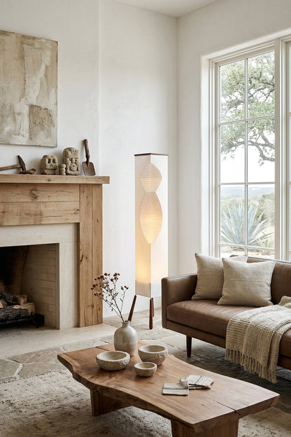 Nori Sculptural Leaf Floor Lamp | Fabric, Wood | Placed in a cozy living room corner next to a window, fireplace, and low wooden coffee table | vexa lamps