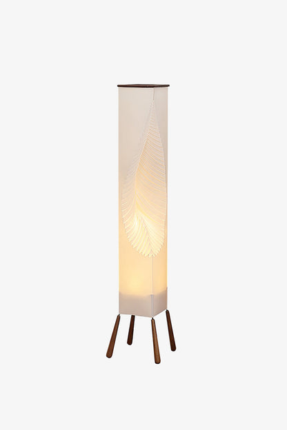 Nori Sculptural Leaf Floor Lamp | Fabric, Wood | Front centered studio shot showcasing the full vertical geometric silhouette of the unlit leaf lamp | vexa lamps
